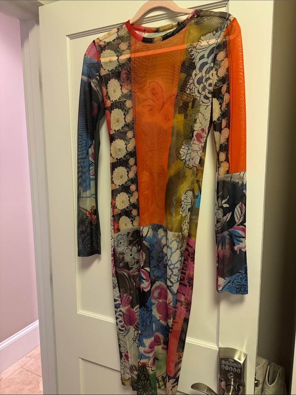 John Galliano Multicolor Floral Patchwork Mesh Midi Dress with Orange Panel